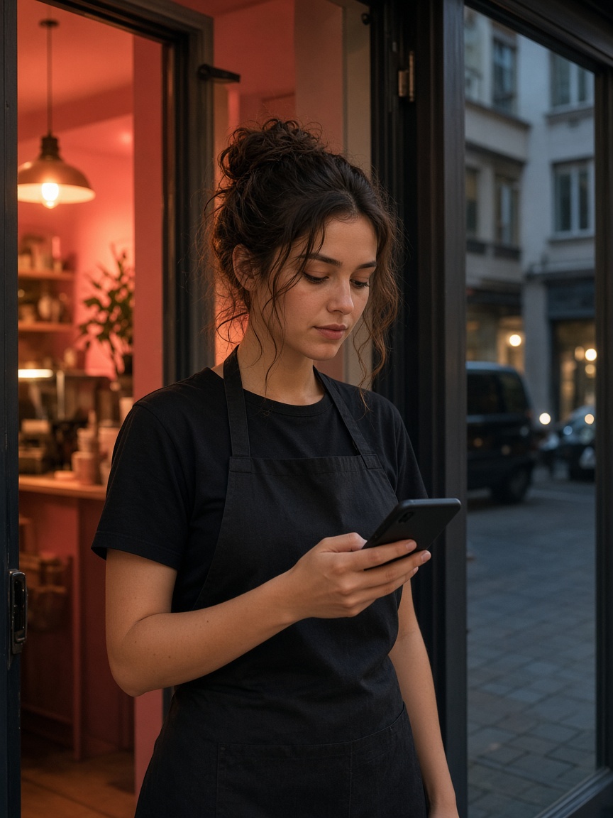 Servicekraft prüft den Schichtplan auf dem Smartphone vor dem Café