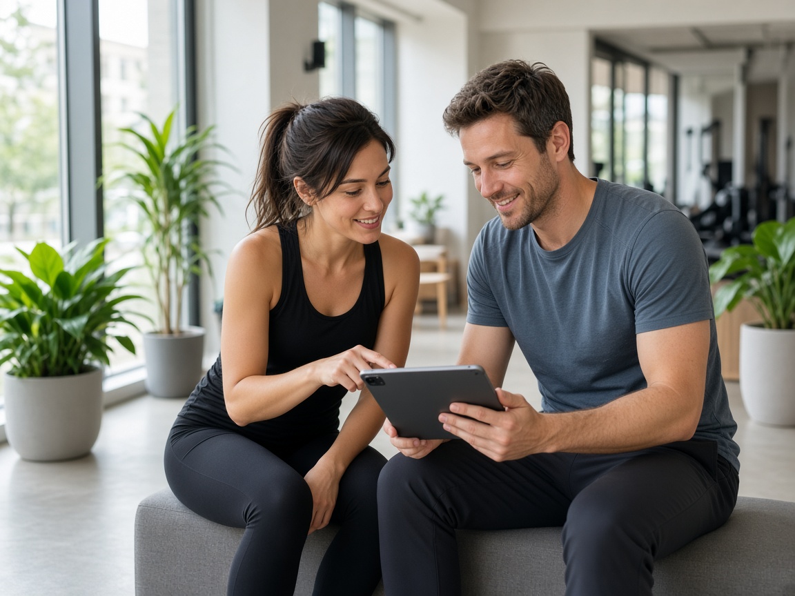 Fitness-Trainerinnen planen Urlaubstage am Tablet im Studio