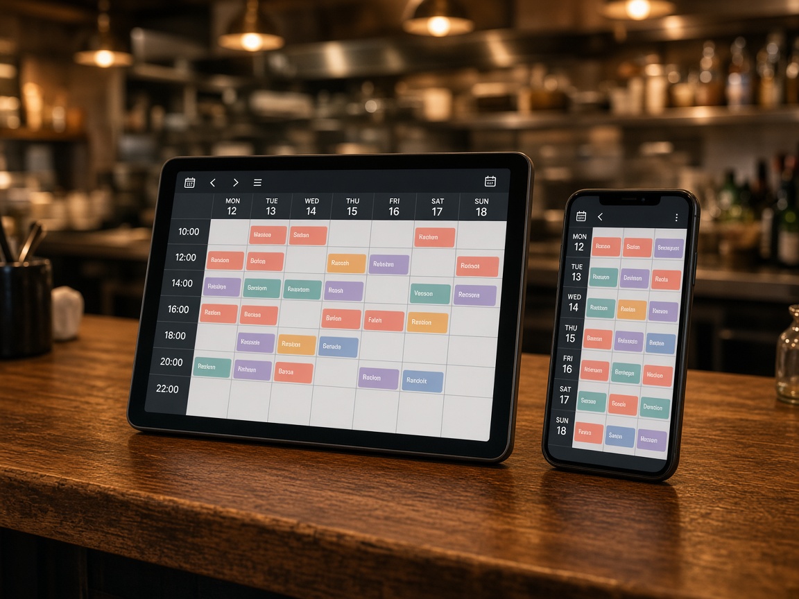 Tablet und Smartphone mit digitalem Schichtplan auf einer Café-Theke